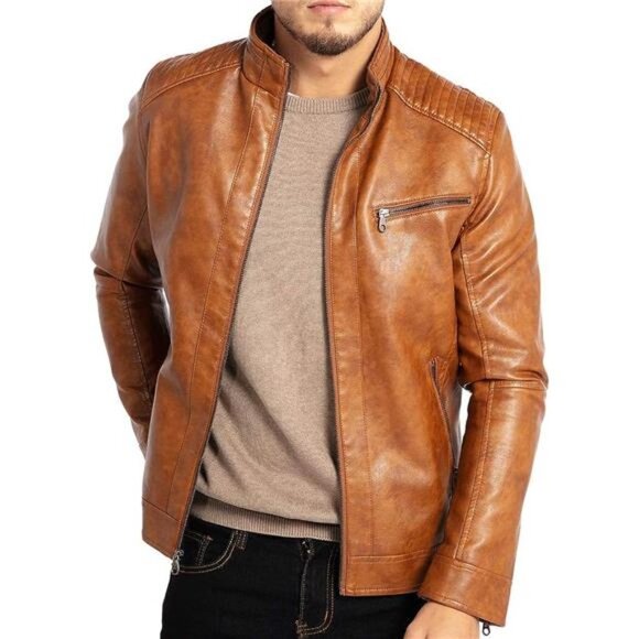 Tan Faux Leather Motorcycle Jacket Textured Stand Collar Bomber‎ Coat Outerwear - Picture 1 of 6